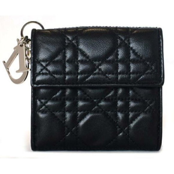 Christian Dior Wallet Cannage Lady Black Bifold Quilted Leather Logo Charm - Picture 1 of 1